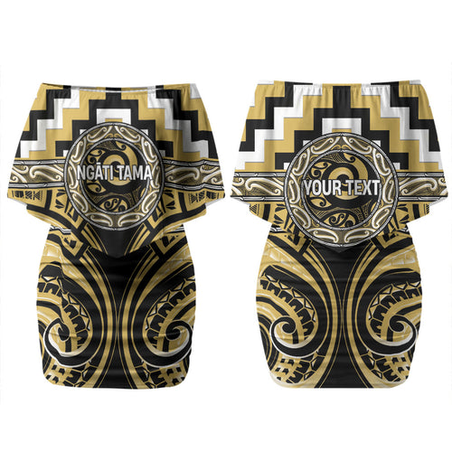 Aotearoa Ngati Tama Personalised Couples Matching Off Shoulder Short Dress and Long Sleeve Button Shirt Maori Iwi Poutama Puhoro Tattoo