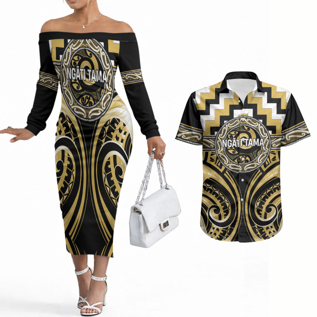 Aotearoa Ngati Tama Personalised Couples Matching Off The Shoulder Long Sleeve Dress and Hawaiian Shirt Maori Iwi Poutama Puhoro Tattoo