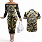 Aotearoa Ngati Tama Personalised Couples Matching Off The Shoulder Long Sleeve Dress and Hawaiian Shirt Maori Iwi Poutama Puhoro Tattoo