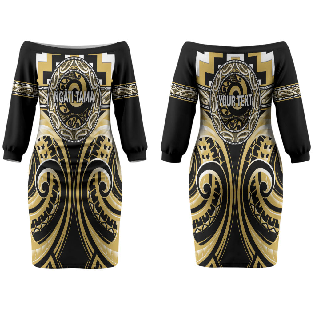 Aotearoa Ngati Tama Personalised Couples Matching Off The Shoulder Long Sleeve Dress and Hawaiian Shirt Maori Iwi Poutama Puhoro Tattoo