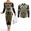 Aotearoa Ngati Tama Personalised Couples Matching Off The Shoulder Long Sleeve Dress and Long Sleeve Button Shirt Maori Iwi Poutama Puhoro Tattoo