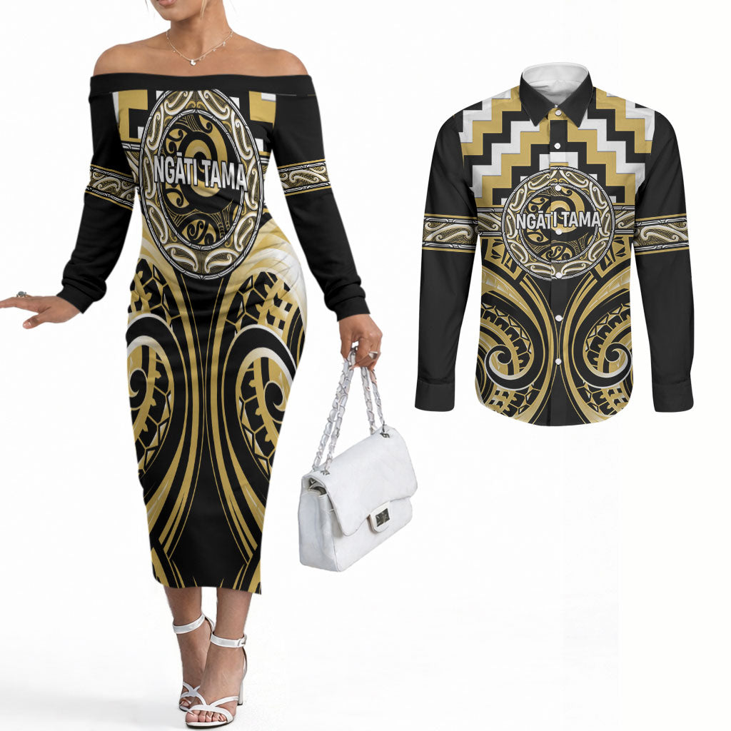 Aotearoa Ngati Tama Personalised Couples Matching Off The Shoulder Long Sleeve Dress and Long Sleeve Button Shirt Maori Iwi Poutama Puhoro Tattoo