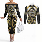 Aotearoa Ngati Tama Personalised Couples Matching Off The Shoulder Long Sleeve Dress and Long Sleeve Button Shirt Maori Iwi Poutama Puhoro Tattoo