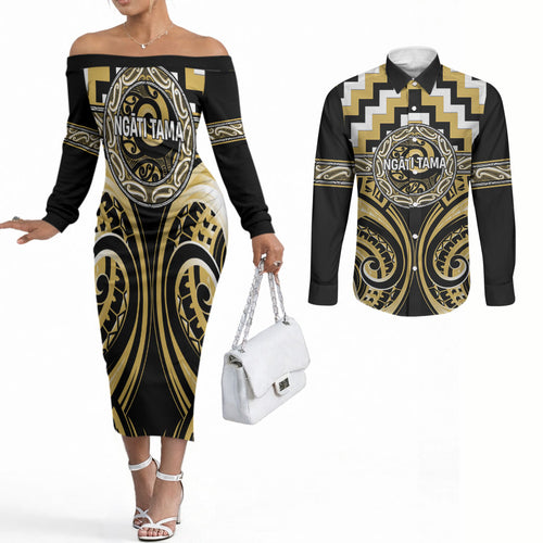 Aotearoa Ngati Tama Personalised Couples Matching Off The Shoulder Long Sleeve Dress and Long Sleeve Button Shirt Maori Iwi Poutama Puhoro Tattoo