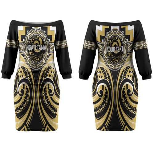 Aotearoa Ngati Tama Personalised Couples Matching Off The Shoulder Long Sleeve Dress and Long Sleeve Button Shirt Maori Iwi Poutama Puhoro Tattoo