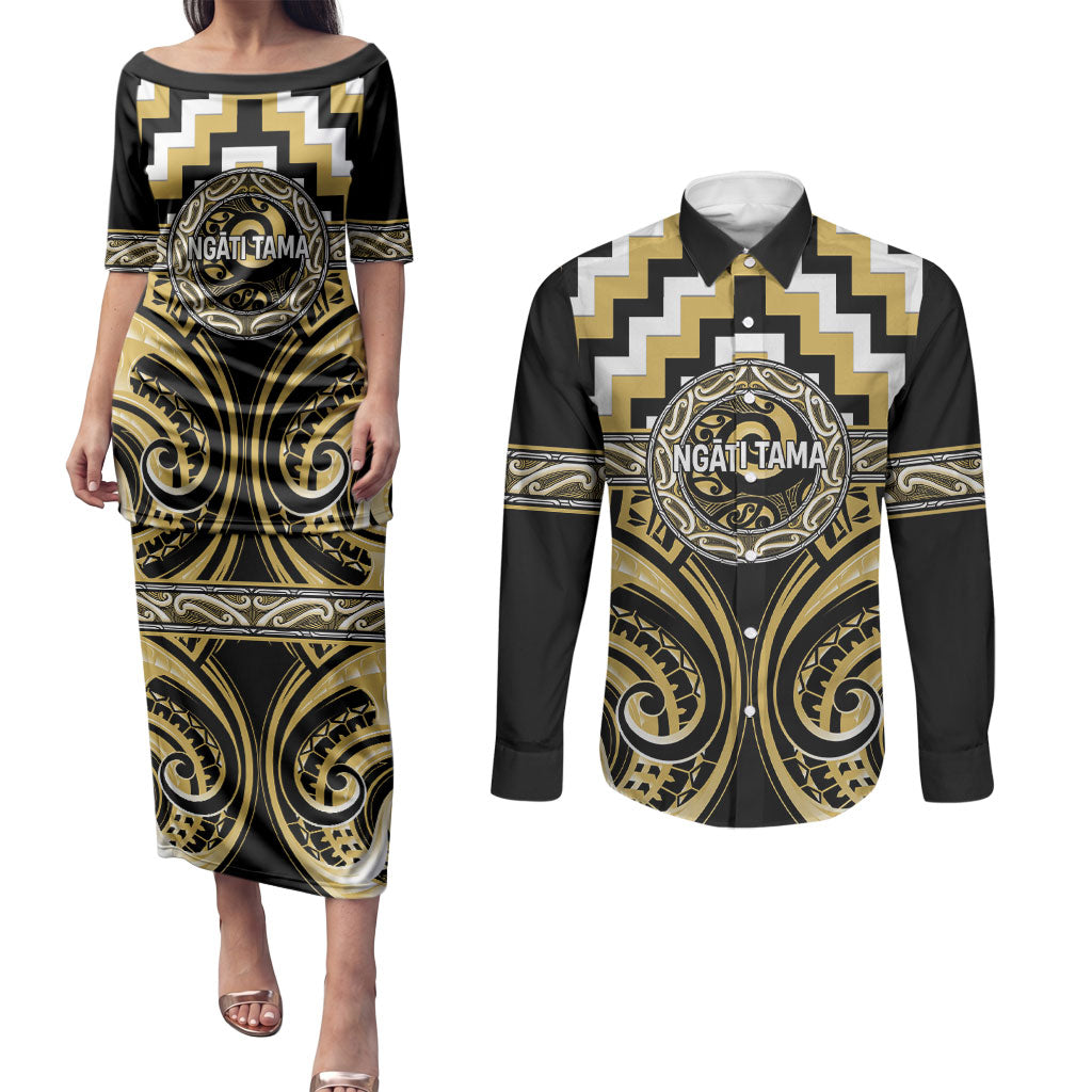 Aotearoa Ngati Tama Personalised Couples Matching Puletasi and Long Sleeve Button Shirt Maori Iwi Poutama Puhoro Tattoo