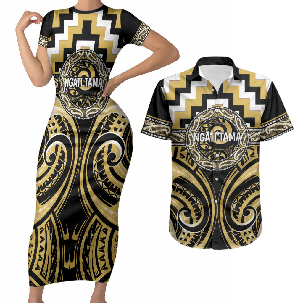 Aotearoa Ngati Tama Personalised Couples Matching Short Sleeve Bodycon Dress and Hawaiian Shirt Maori Iwi Poutama Puhoro Tattoo