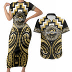 Aotearoa Ngati Tama Personalised Couples Matching Short Sleeve Bodycon Dress and Hawaiian Shirt Maori Iwi Poutama Puhoro Tattoo