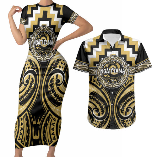 Aotearoa Ngati Tama Personalised Couples Matching Short Sleeve Bodycon Dress and Hawaiian Shirt Maori Iwi Poutama Puhoro Tattoo