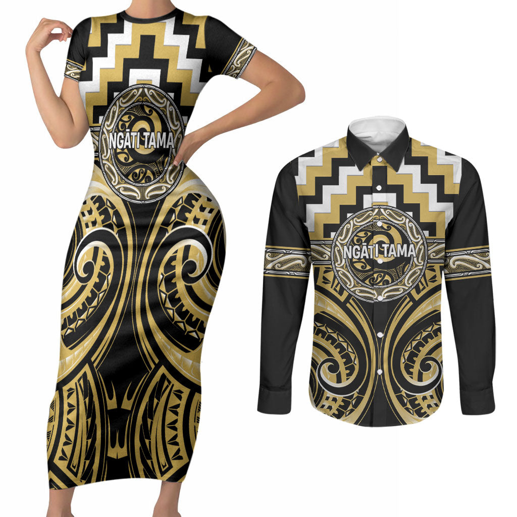 Aotearoa Ngati Tama Personalised Couples Matching Short Sleeve Bodycon Dress and Long Sleeve Button Shirt Maori Iwi Poutama Puhoro Tattoo