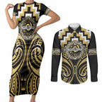 Aotearoa Ngati Tama Personalised Couples Matching Short Sleeve Bodycon Dress and Long Sleeve Button Shirt Maori Iwi Poutama Puhoro Tattoo