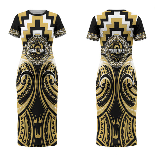 Aotearoa Ngati Tama Personalised Couples Matching Short Sleeve Bodycon Dress and Long Sleeve Button Shirt Maori Iwi Poutama Puhoro Tattoo