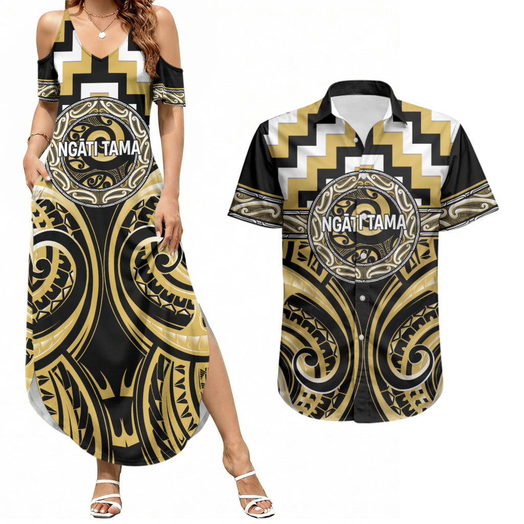 Aotearoa Ngati Tama Personalised Couples Matching Summer Maxi Dress and Hawaiian Shirt Maori Iwi Poutama Puhoro Tattoo