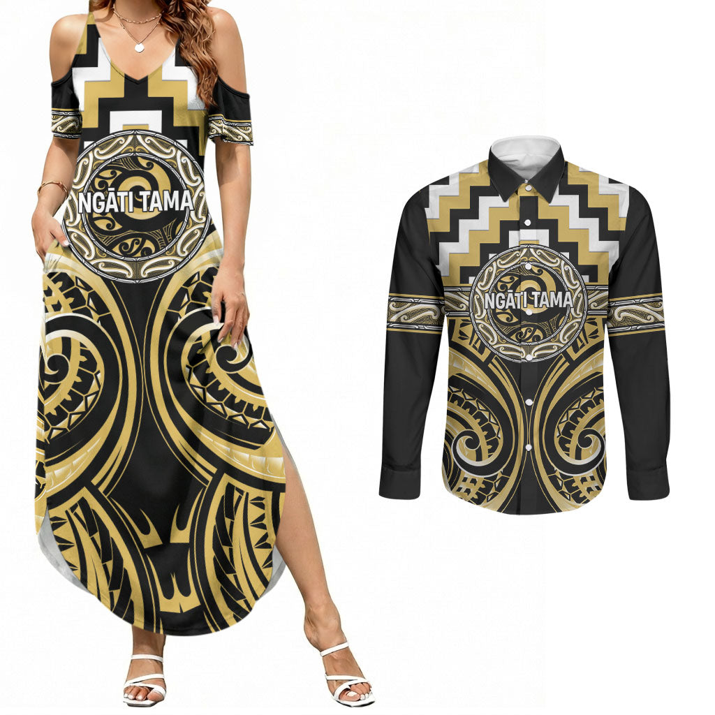 Aotearoa Ngati Tama Personalised Couples Matching Summer Maxi Dress and Long Sleeve Button Shirt Maori Iwi Poutama Puhoro Tattoo