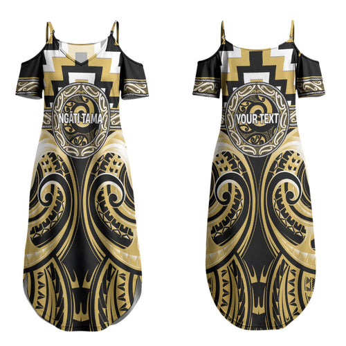 Aotearoa Ngati Tama Personalised Couples Matching Summer Maxi Dress and Long Sleeve Button Shirt Maori Iwi Poutama Puhoro Tattoo