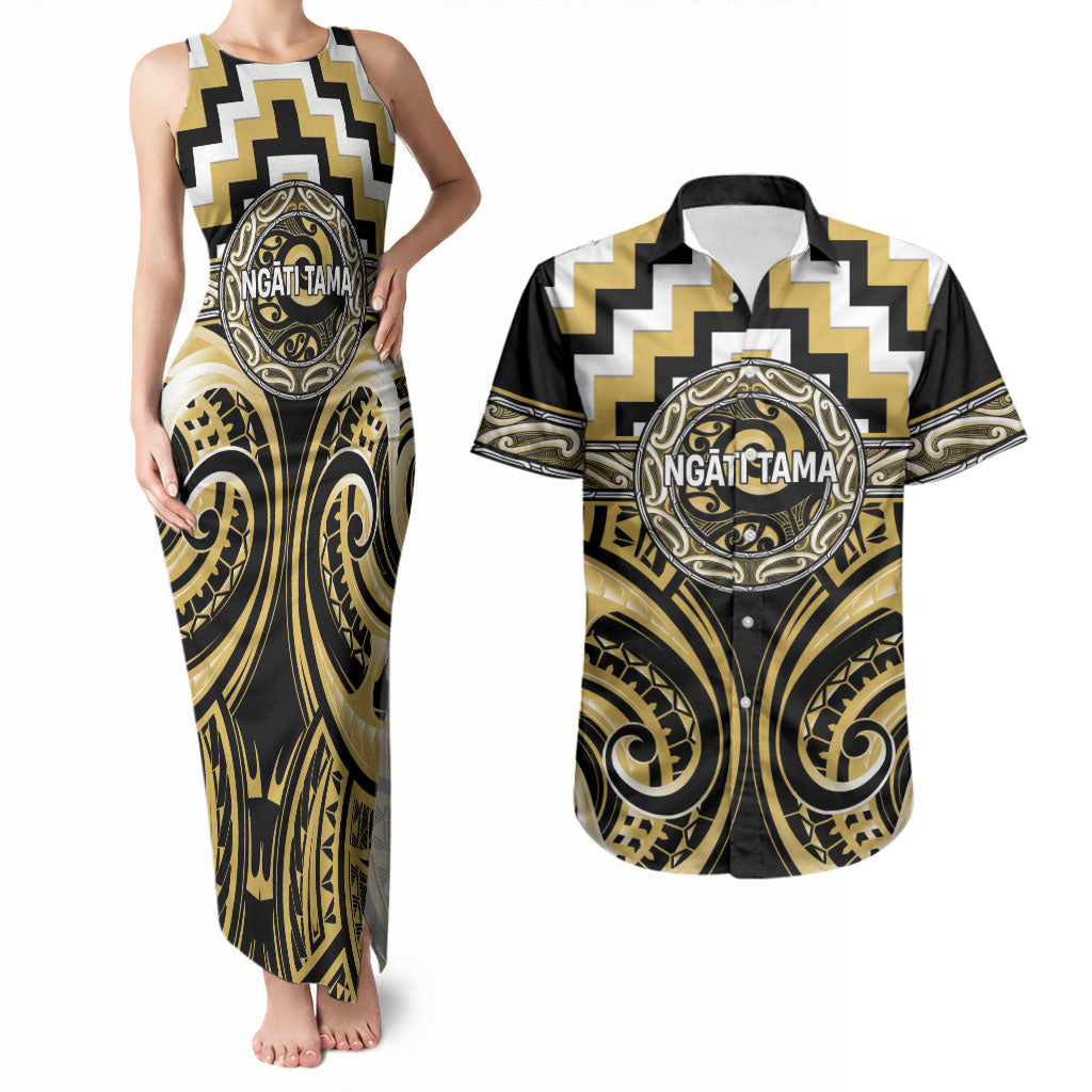 Aotearoa Ngati Tama Personalised Couples Matching Tank Maxi Dress and Hawaiian Shirt Maori Iwi Poutama Puhoro Tattoo