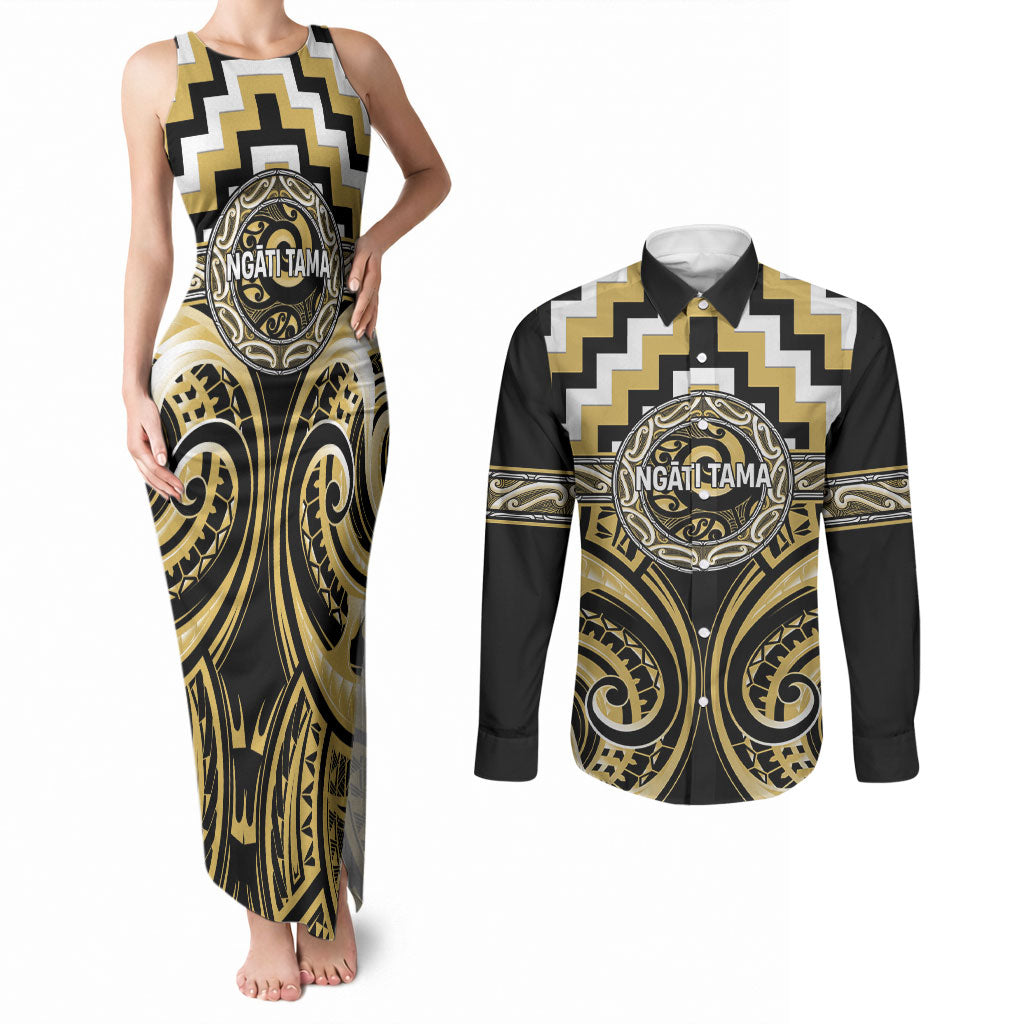 Aotearoa Ngati Tama Personalised Couples Matching Tank Maxi Dress and Long Sleeve Button Shirt Maori Iwi Poutama Puhoro Tattoo