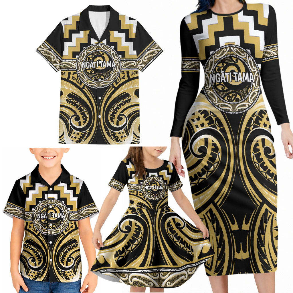 Aotearoa Ngati Tama Personalised Family Matching Long Sleeve Bodycon Dress and Hawaiian Shirt Maori Iwi Poutama Puhoro Tattoo