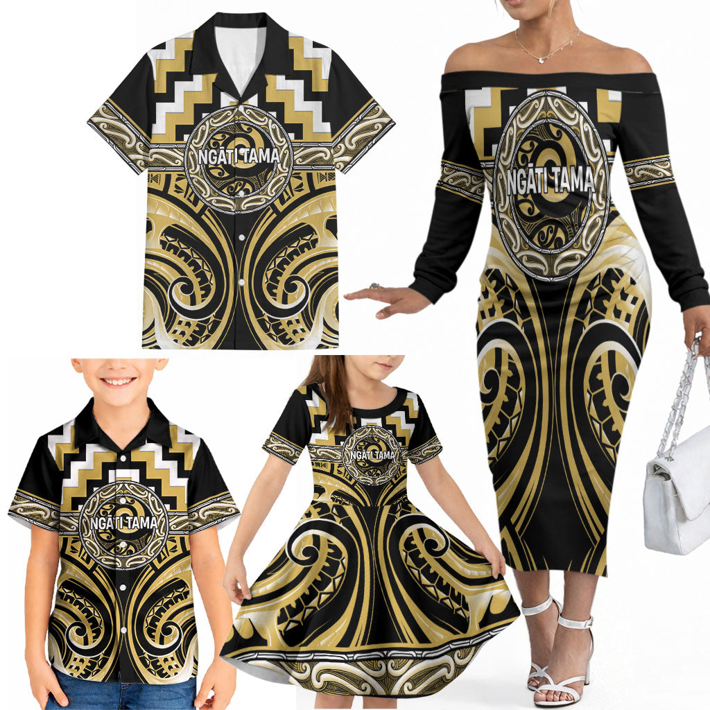 Aotearoa Ngati Tama Personalised Family Matching Off The Shoulder Long Sleeve Dress and Hawaiian Shirt Maori Iwi Poutama Puhoro Tattoo
