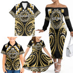 Aotearoa Ngati Tama Personalised Family Matching Off The Shoulder Long Sleeve Dress and Hawaiian Shirt Maori Iwi Poutama Puhoro Tattoo