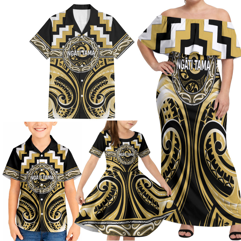 Aotearoa Ngati Tama Personalised Family Matching Off Shoulder Maxi Dress and Hawaiian Shirt Maori Iwi Poutama Puhoro Tattoo