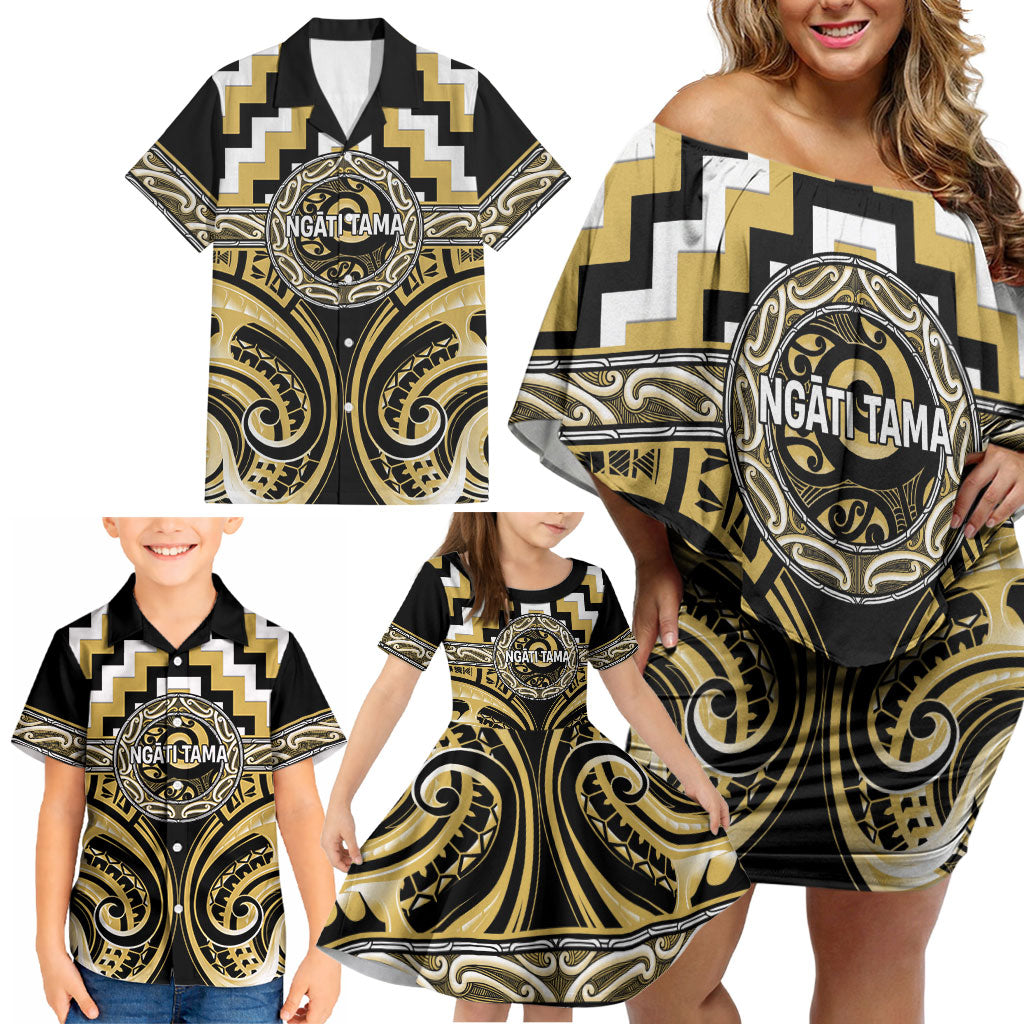 Aotearoa Ngati Tama Personalised Family Matching Off Shoulder Short Dress and Hawaiian Shirt Maori Iwi Poutama Puhoro Tattoo