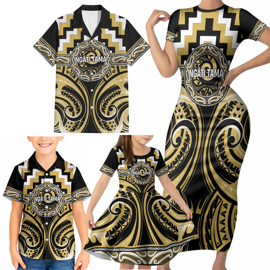 Aotearoa Ngati Tama Personalised Family Matching Short Sleeve Bodycon Dress and Hawaiian Shirt Maori Iwi Poutama Puhoro Tattoo