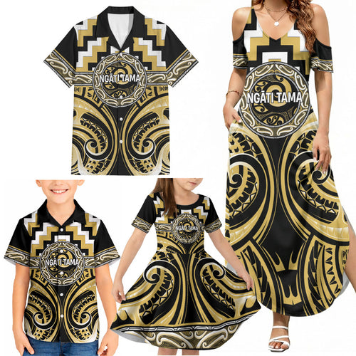 Aotearoa Ngati Tama Personalised Family Matching Summer Maxi Dress and Hawaiian Shirt Maori Iwi Poutama Puhoro Tattoo