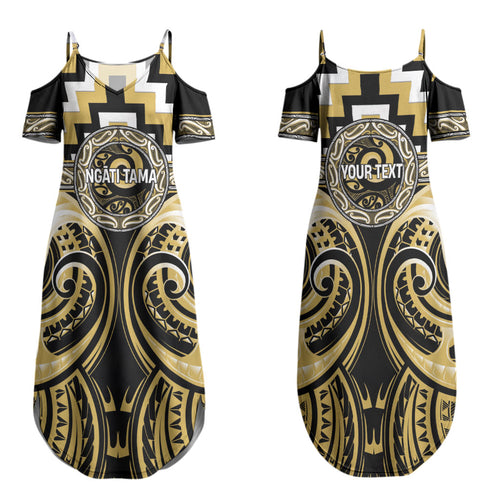 Aotearoa Ngati Tama Personalised Family Matching Summer Maxi Dress and Hawaiian Shirt Maori Iwi Poutama Puhoro Tattoo