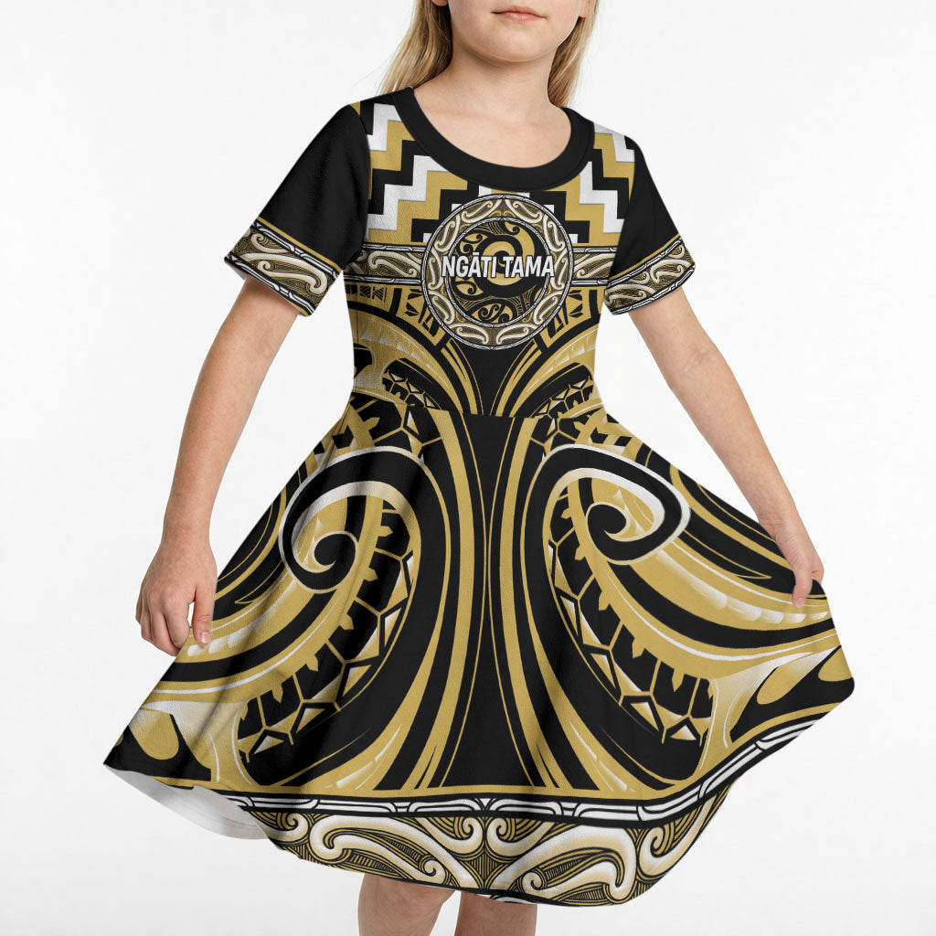 Aotearoa Ngati Tama Personalised Kid Short Sleeve Dress Maori Iwi Poutama Puhoro Tattoo