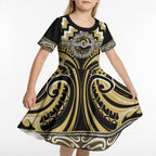 Aotearoa Ngati Tama Personalised Kid Short Sleeve Dress Maori Iwi Poutama Puhoro Tattoo