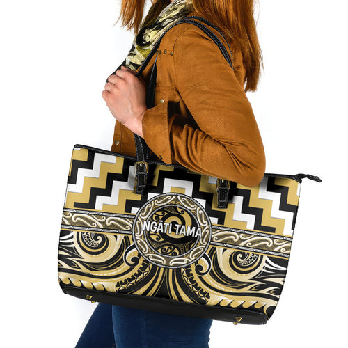 Aotearoa Ngati Tama Leather Tote Bag Maori Iwi Poutama Puhoro Tattoo
