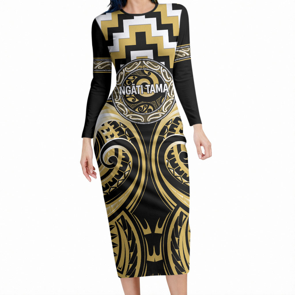 Aotearoa Ngati Tama Personalised Long Sleeve Bodycon Dress Maori Iwi Poutama Puhoro Tattoo