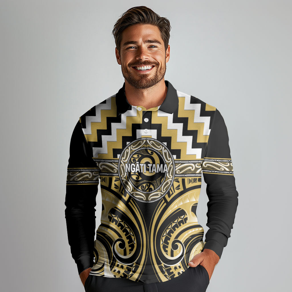 Aotearoa Ngati Tama Personalised Long Sleeve Polo Shirt Maori Iwi Poutama Puhoro Tattoo