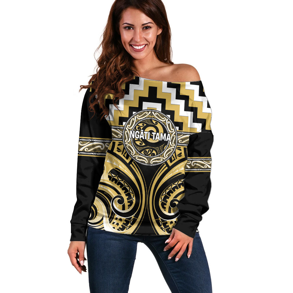 Aotearoa Ngati Tama Personalised Off Shoulder Sweater Maori Iwi Poutama Puhoro Tattoo