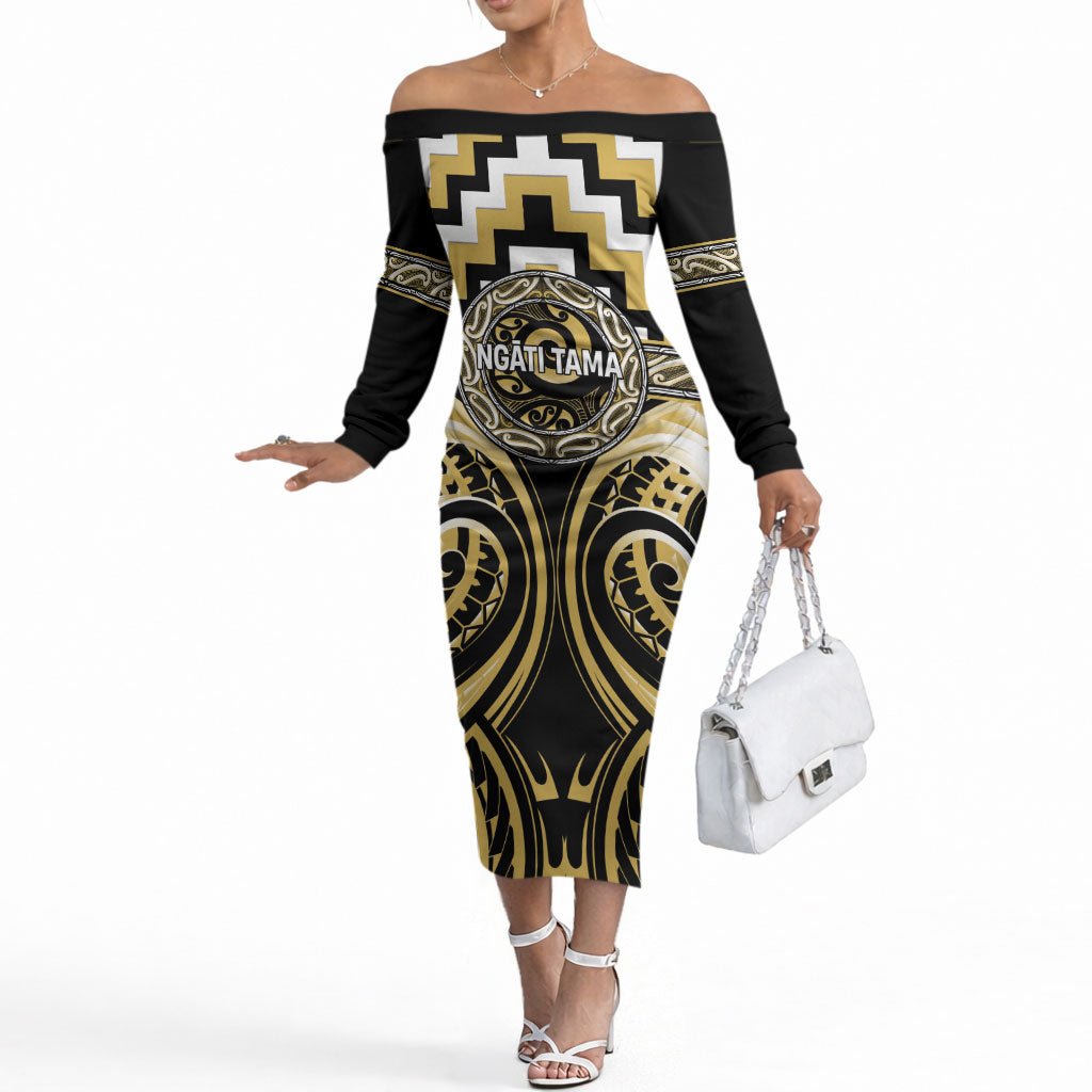 Aotearoa Ngati Tama Personalised Off The Shoulder Long Sleeve Dress Maori Iwi Poutama Puhoro Tattoo