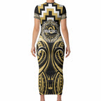 Aotearoa Ngati Tama Personalised Short Sleeve Bodycon Dress Maori Iwi Poutama Puhoro Tattoo