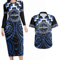 Aotearoa Ngati Ruanui Personalised Couples Matching Long Sleeve Bodycon Dress and Hawaiian Shirt Maori Iwi Poutama Puhoro Tattoo