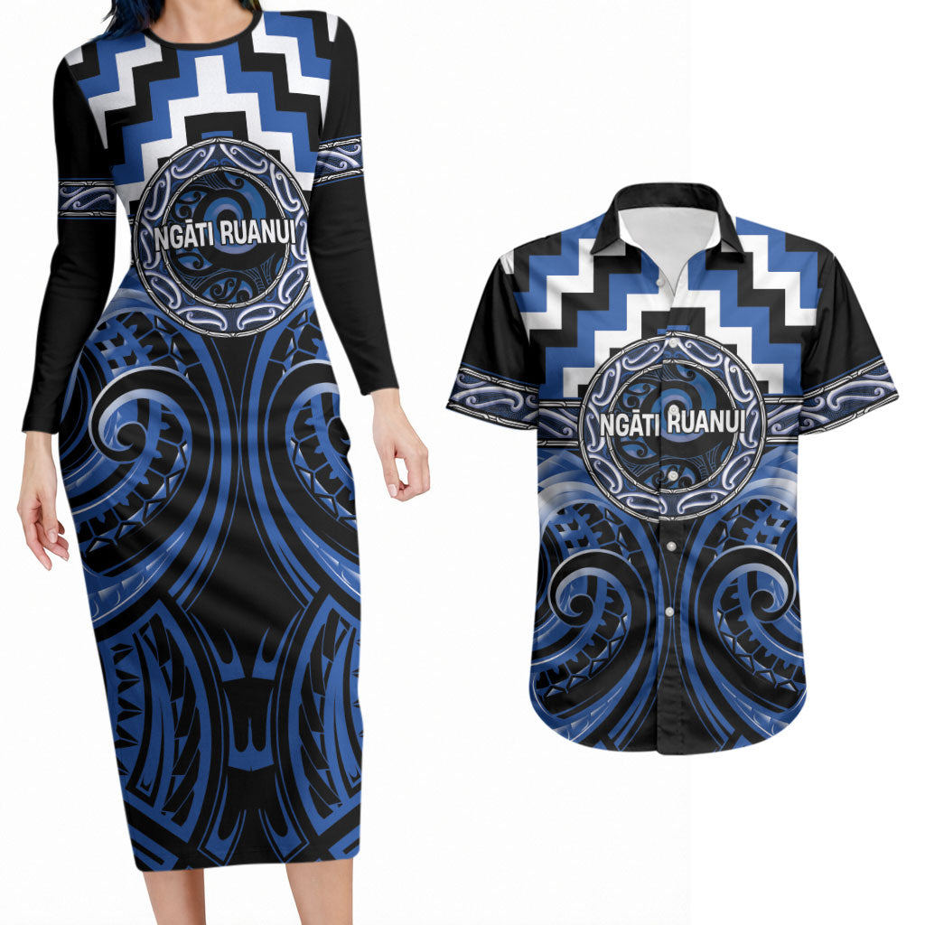 Aotearoa Ngati Ruanui Personalised Couples Matching Long Sleeve Bodycon Dress and Hawaiian Shirt Maori Iwi Poutama Puhoro Tattoo