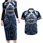 Aotearoa Ngati Ruanui Personalised Couples Matching Long Sleeve Bodycon Dress and Hawaiian Shirt Maori Iwi Poutama Puhoro Tattoo