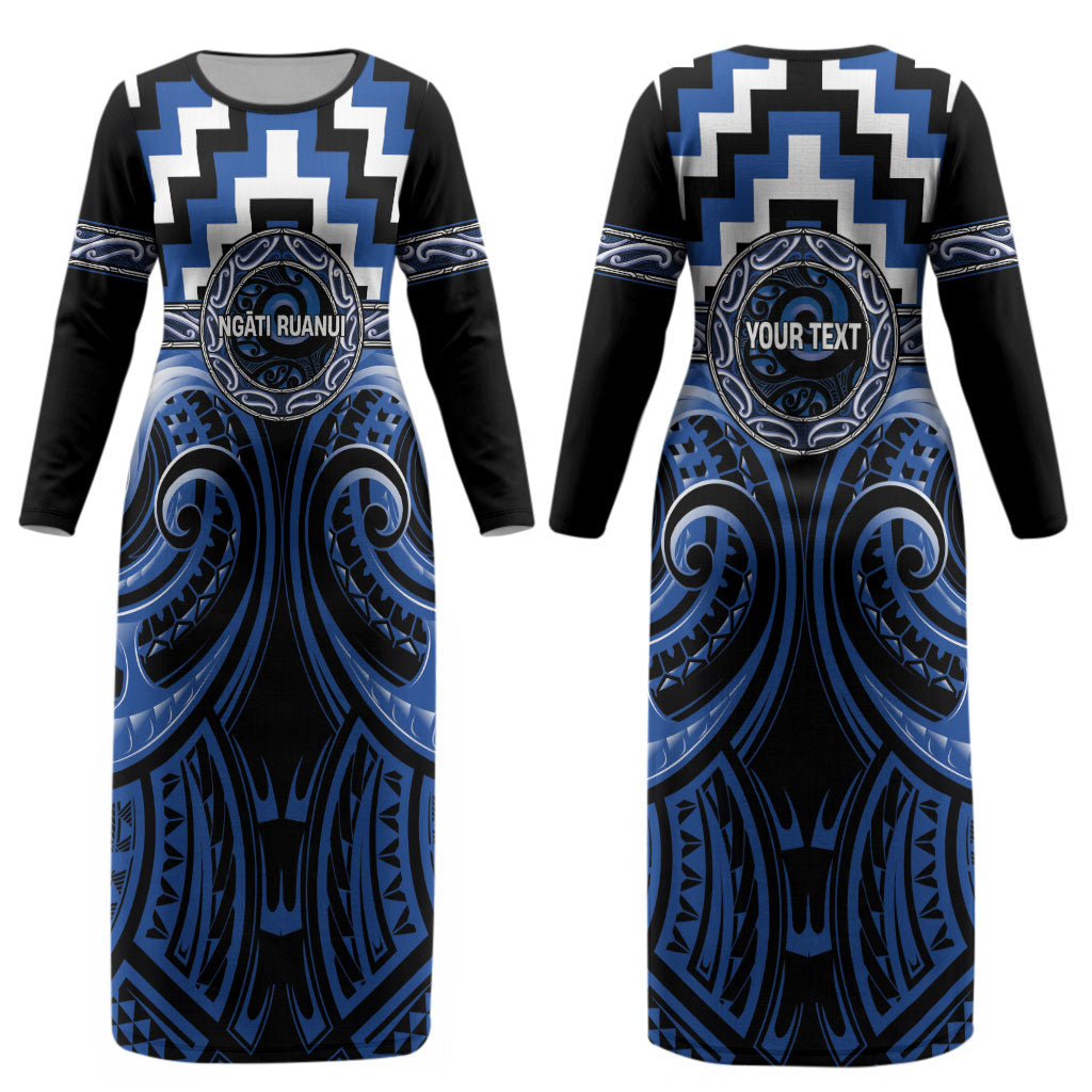 Aotearoa Ngati Ruanui Personalised Couples Matching Long Sleeve Bodycon Dress and Hawaiian Shirt Maori Iwi Poutama Puhoro Tattoo