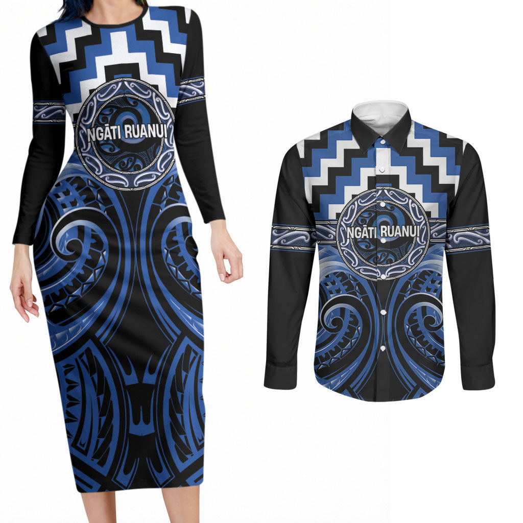Aotearoa Ngati Ruanui Personalised Couples Matching Long Sleeve Bodycon Dress and Long Sleeve Button Shirt Maori Iwi Poutama Puhoro Tattoo