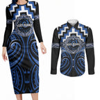 Aotearoa Ngati Ruanui Personalised Couples Matching Long Sleeve Bodycon Dress and Long Sleeve Button Shirt Maori Iwi Poutama Puhoro Tattoo