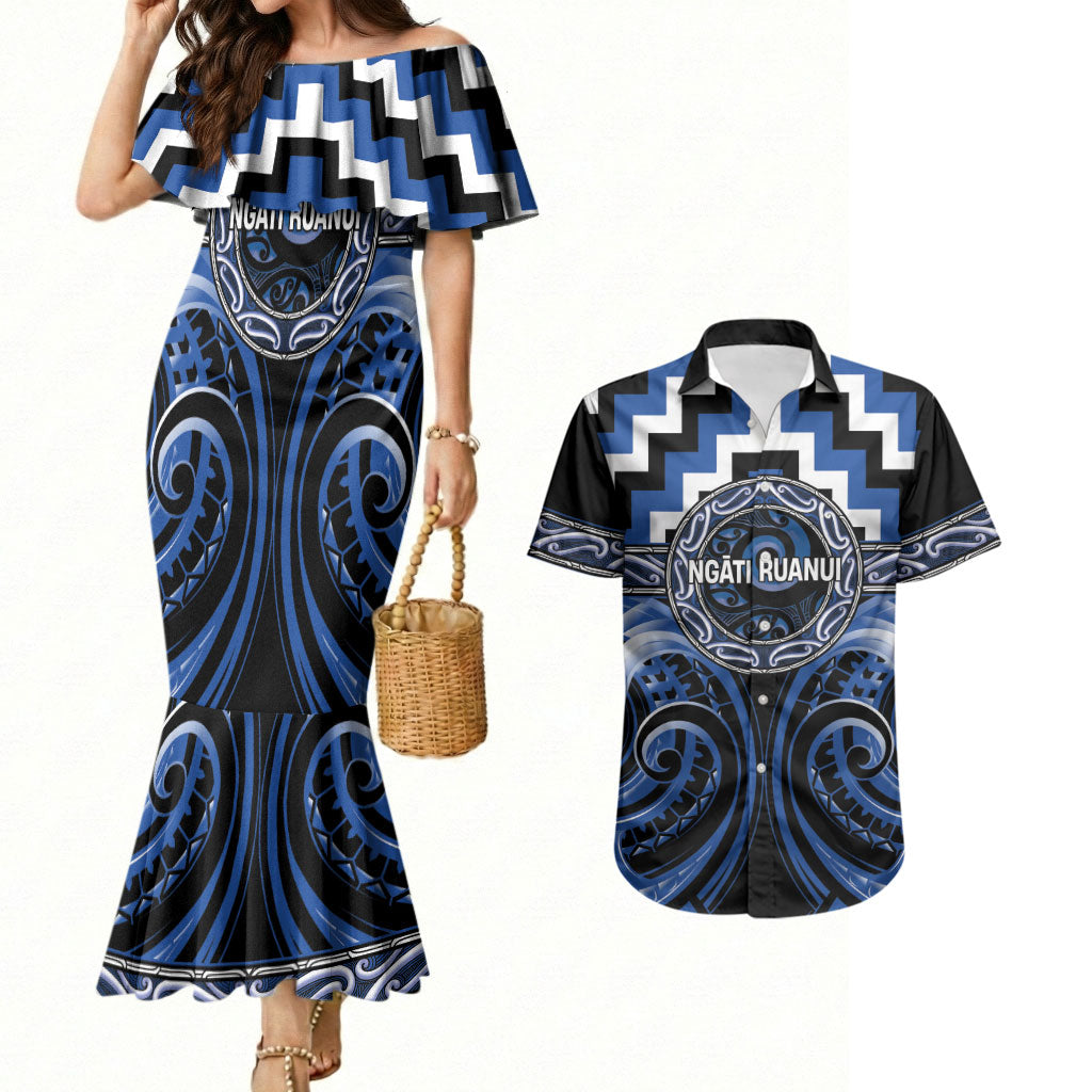 Aotearoa Ngati Ruanui Personalised Couples Matching Mermaid Dress and Hawaiian Shirt Maori Iwi Poutama Puhoro Tattoo