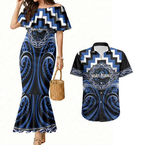 Aotearoa Ngati Ruanui Personalised Couples Matching Mermaid Dress and Hawaiian Shirt Maori Iwi Poutama Puhoro Tattoo