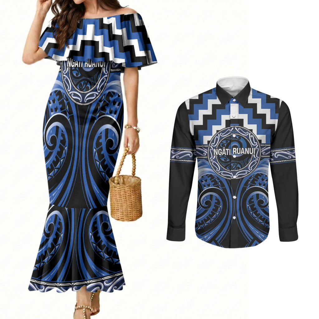Aotearoa Ngati Ruanui Personalised Couples Matching Mermaid Dress and Long Sleeve Button Shirt Maori Iwi Poutama Puhoro Tattoo