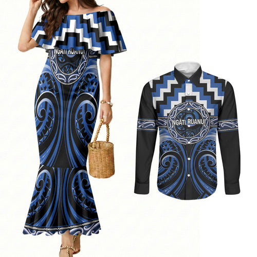 Aotearoa Ngati Ruanui Personalised Couples Matching Mermaid Dress and Long Sleeve Button Shirt Maori Iwi Poutama Puhoro Tattoo