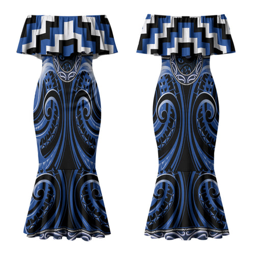 Aotearoa Ngati Ruanui Personalised Couples Matching Mermaid Dress and Long Sleeve Button Shirt Maori Iwi Poutama Puhoro Tattoo