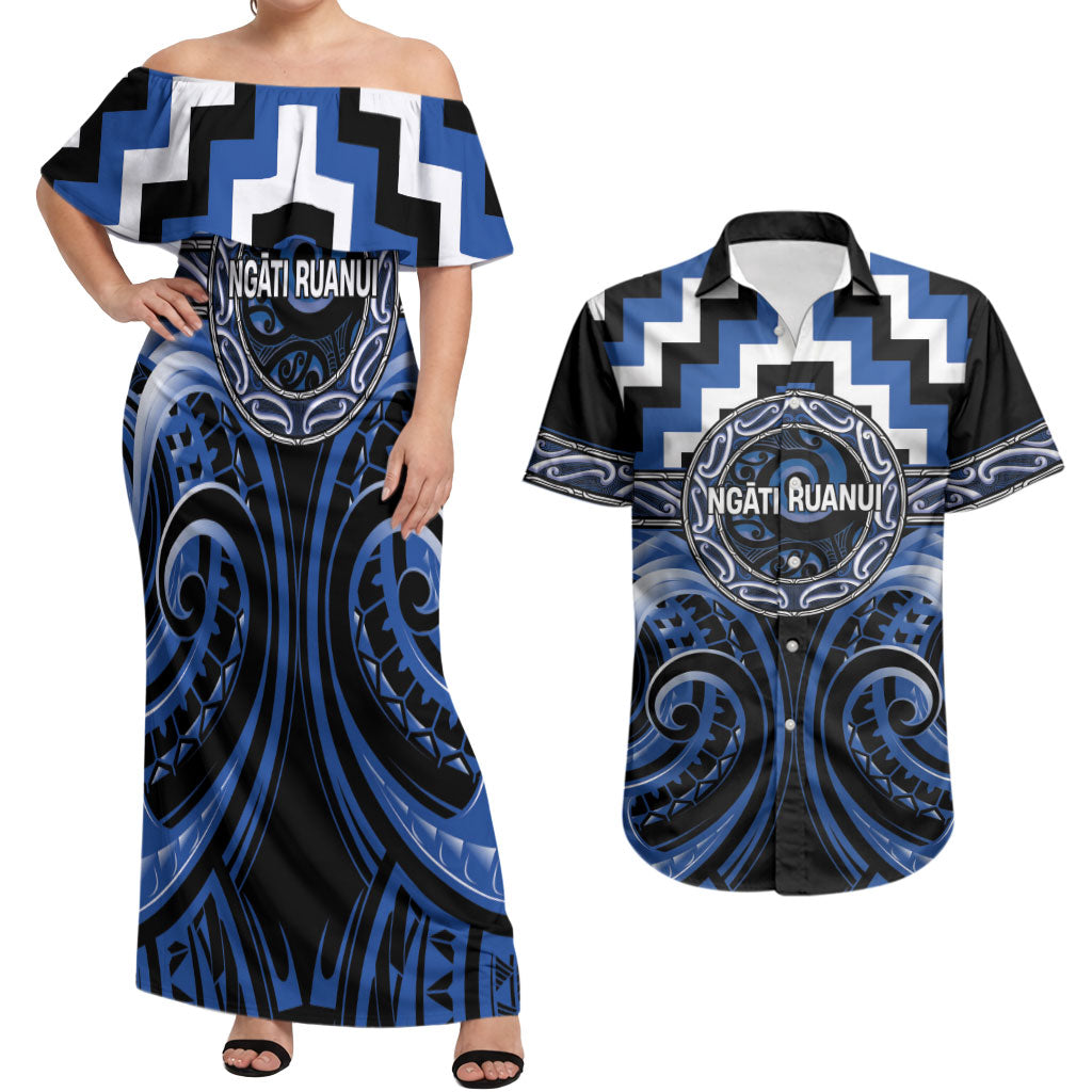 Aotearoa Ngati Ruanui Personalised Couples Matching Off Shoulder Maxi Dress and Hawaiian Shirt Maori Iwi Poutama Puhoro Tattoo