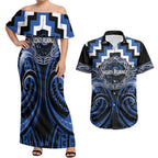 Aotearoa Ngati Ruanui Personalised Couples Matching Off Shoulder Maxi Dress and Hawaiian Shirt Maori Iwi Poutama Puhoro Tattoo